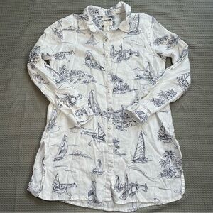 Cynthia Rowley 100% Linen Tunic Shirt Medium Womens Sailboat Nautical Roll Tab